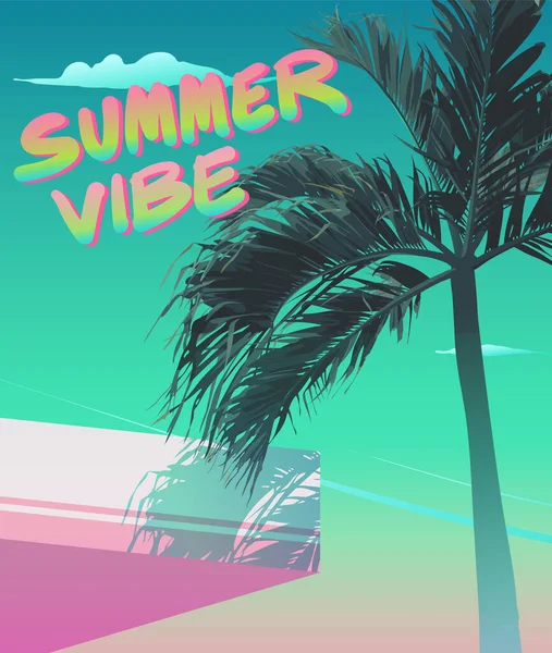 Tropische Palme Sommer Atmosphäre Strand Gebäude Hintergrund Vintage Retro Vaporwave — Stockvektor