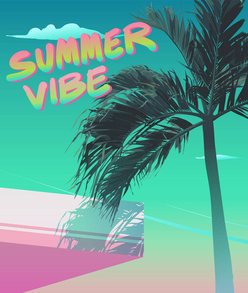 Tropical palm tree, Summer vibe beach / building background. vintage/ retro vaporwave / nostalgic minimal flat vector background