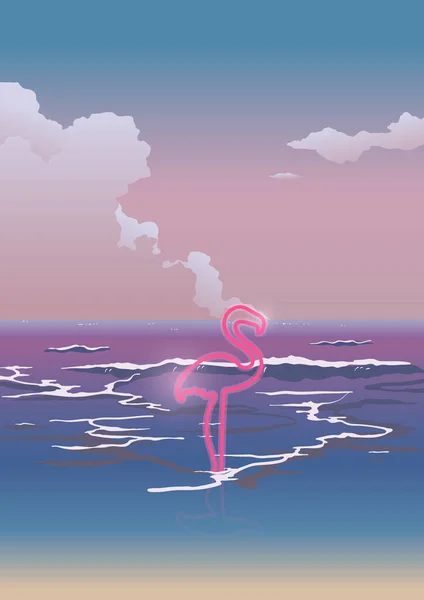 Flamingo Néon Estilo Anime Praia Fundo Simples Anos Nostálgico —  Vetores de Stock