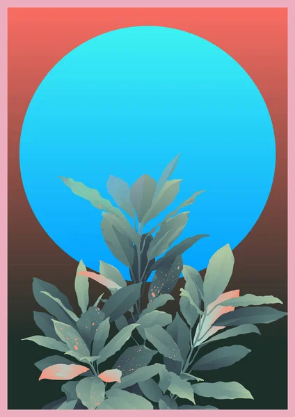 Rétro Vintage Minimaliste Croton Plante Tropicale Cercle Bleu Copie Modèle — Image vectorielle