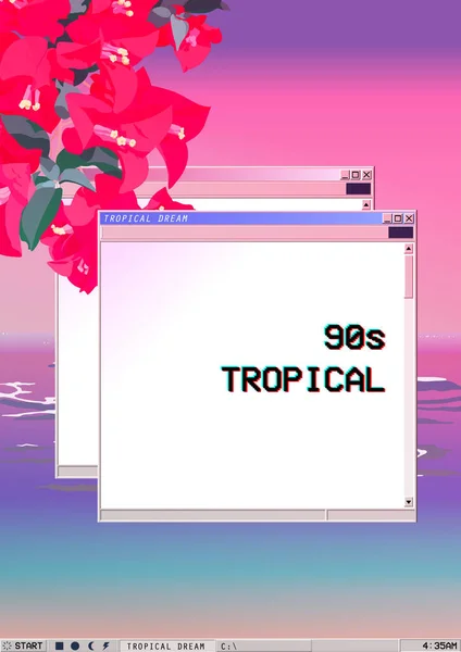 Operasyon sistemi pencereleri tropikal bougainvillea çiçekleri, nostaljik estetik tasarım şablonu ile