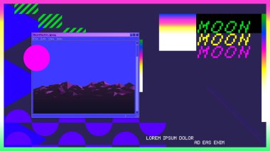 Estetik geometrik elementler, retro koyu mor neon rengi ve pencerelerdeki uzay manzarası işletim sistemi biçimi çerçevesi