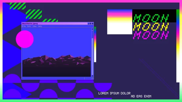Estetik geometrik elementler, retro koyu mor neon rengi ve pencerelerdeki uzay manzarası işletim sistemi biçimi çerçevesi