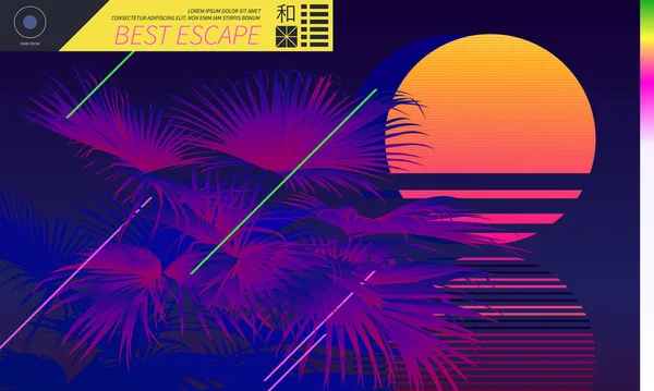 Retrowave plaj günbatımı ve neon rengi tropikal palmiye arkaplan şablonu - Japonca 'da' Wa 'barış ya da uyum anlamına gelir