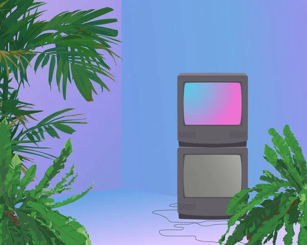 Piante Tropicali Pila Crt Ambiente Neon Camera Vaporwave Bagliore Sfondo — Vettoriale Stock