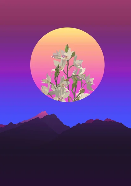 Retrowave Cena Espaço Montanha Flores Orquídeas Círculo Estelar Gradiente Néon —  Vetores de Stock