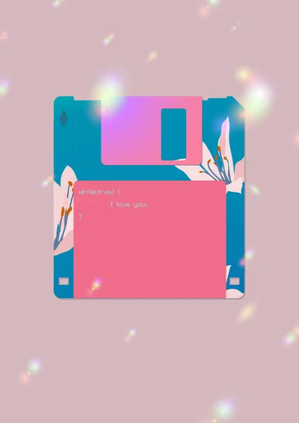 Esthetische Floppy Disk Icoon Met Cardwell Lelie Bloemen Computer Code — Stockvector