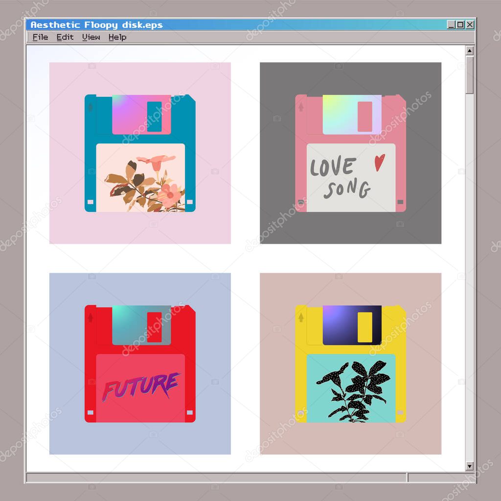 Aesthetic floppy disk icon set, 80s - 90s style inspired computer accessories with exotic flowers and typo design