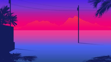 Tropik deniz kenarı sahnesi, palmiye ve elektrik direğinin gölgesi, neon eğimli arka plan şablonu estetik / nostaljik his