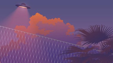 vaporwave gökyüzü ve palmiye ağacı manzarası ve UFO sinekleri nostaljik / estetik duygu, yumuşak pastel neon renk değişen arka plan şablonu