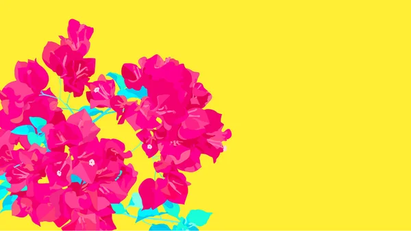 Rosa Bougainvillea Blüten Auf Neongelbem Hintergrund Minimale Vorlage Für Ein — Stockvektor