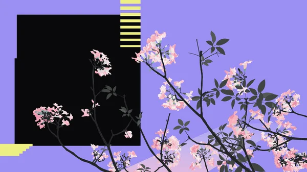 最小限のパステル ピンクのトランペットの木の花 と最小限の抽象的な要素背景テンプレート — ストックベクタ