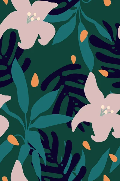 Tropische Bloemen Bladeren Frisse Pastelgroene Kleuren Handtekenstijl Vintage Minimaal Naadloos — Stockvector