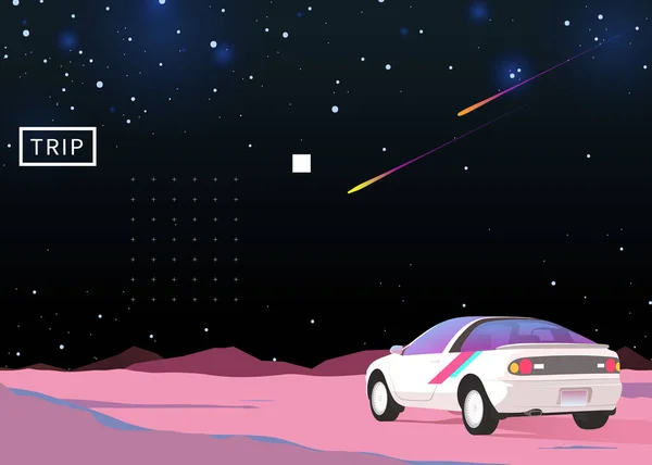 Nostalgische Raum Kosmischen Himmel Und Oldtimer Coupé Auto Hintergrund Illustration — Stockvektor