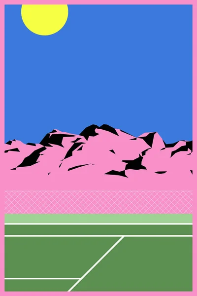 Fridfullt Bergslandskap Och Tennisbana Pastell Minimal Modern Vintage Nostalgisk Stil — Stock vektor