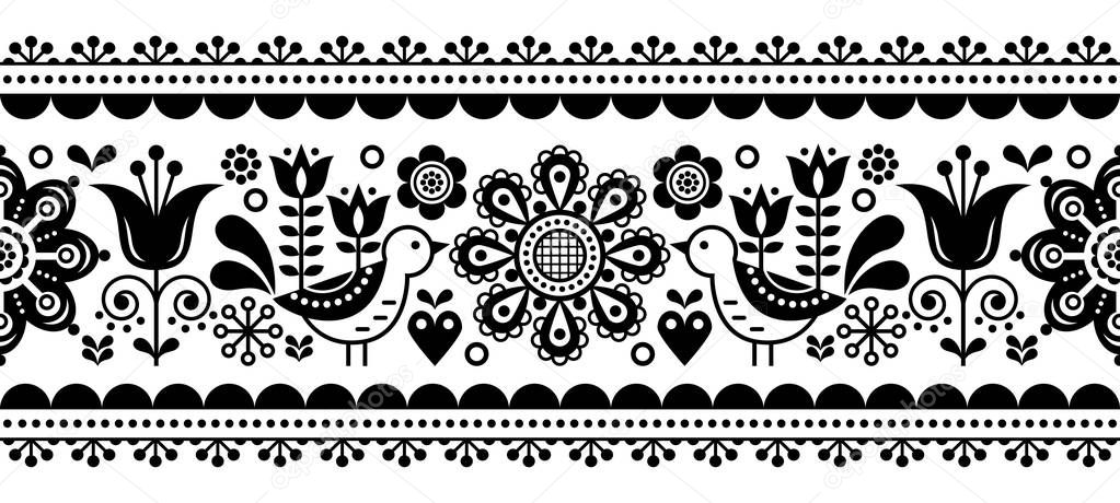 Scandinavian seamless vector pattern with flowers and birds, Nordic folk art repetitive black and white ornament   