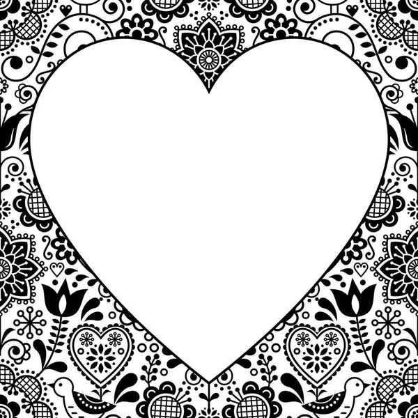 Folk Heart Design Greeting Card Scandinavian Floral Vector Pattern Black — Stock Vector