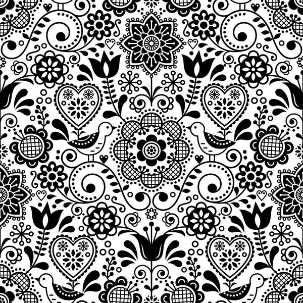 Бесшовный векторный рисунок народного искусства с птицами и цветами, скандинавский черно-белый повторяющийся цветочный дизайн
