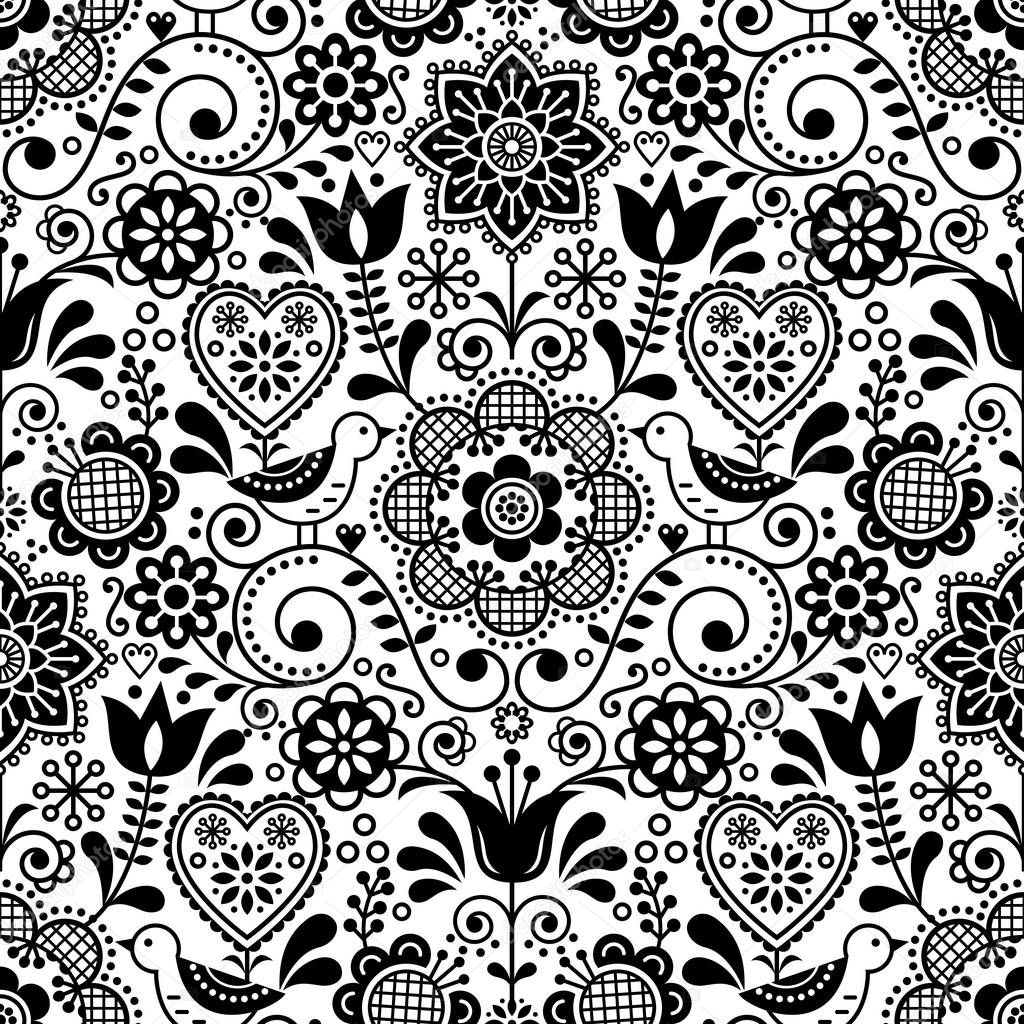 Seamless folk art vector pattern with birds and flowers, Scandinavian black and white repetitive floral design