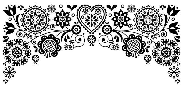 民芸フレーム境界線レトロ ベクトル グリーティング カード デザイン 北欧の芸術に触発されました花の黒と白の飾り — ストックベクタ