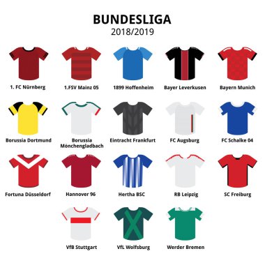Bundesliga formaları kiti 2018-2019, Alman Futbol Ligi simgeleri futbol ya da futbol formaları simgeleri izole üzerinde beyaz, Almanya'dan takım ayarla.  