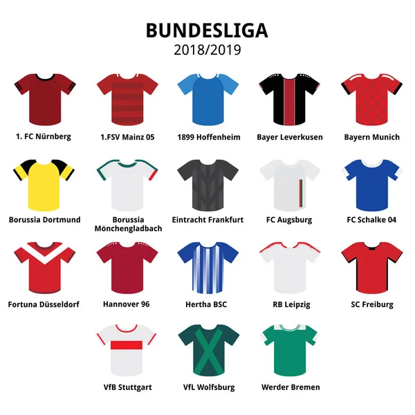 德甲球衣套件 2018 2019 德国足球联赛图标足球或足球球衣图标设置孤立的白色 球队从德国 — 图库矢量图片