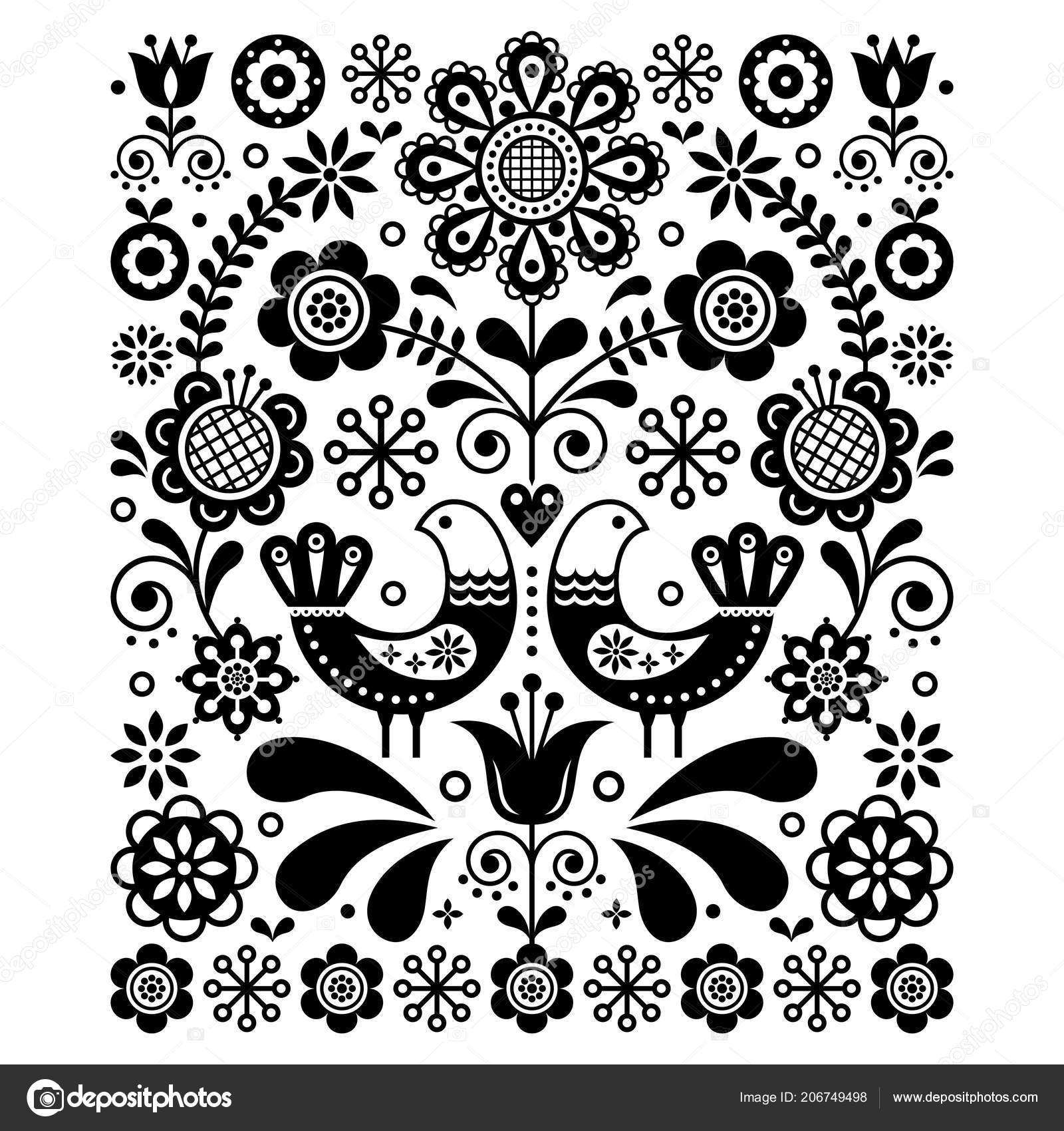 Scandinavian Cute Folk Art Vector Decoration Birds Flowers Scandinavian  Navy Stock Vector by ©RedKoala 206749498, image size:1600x1700