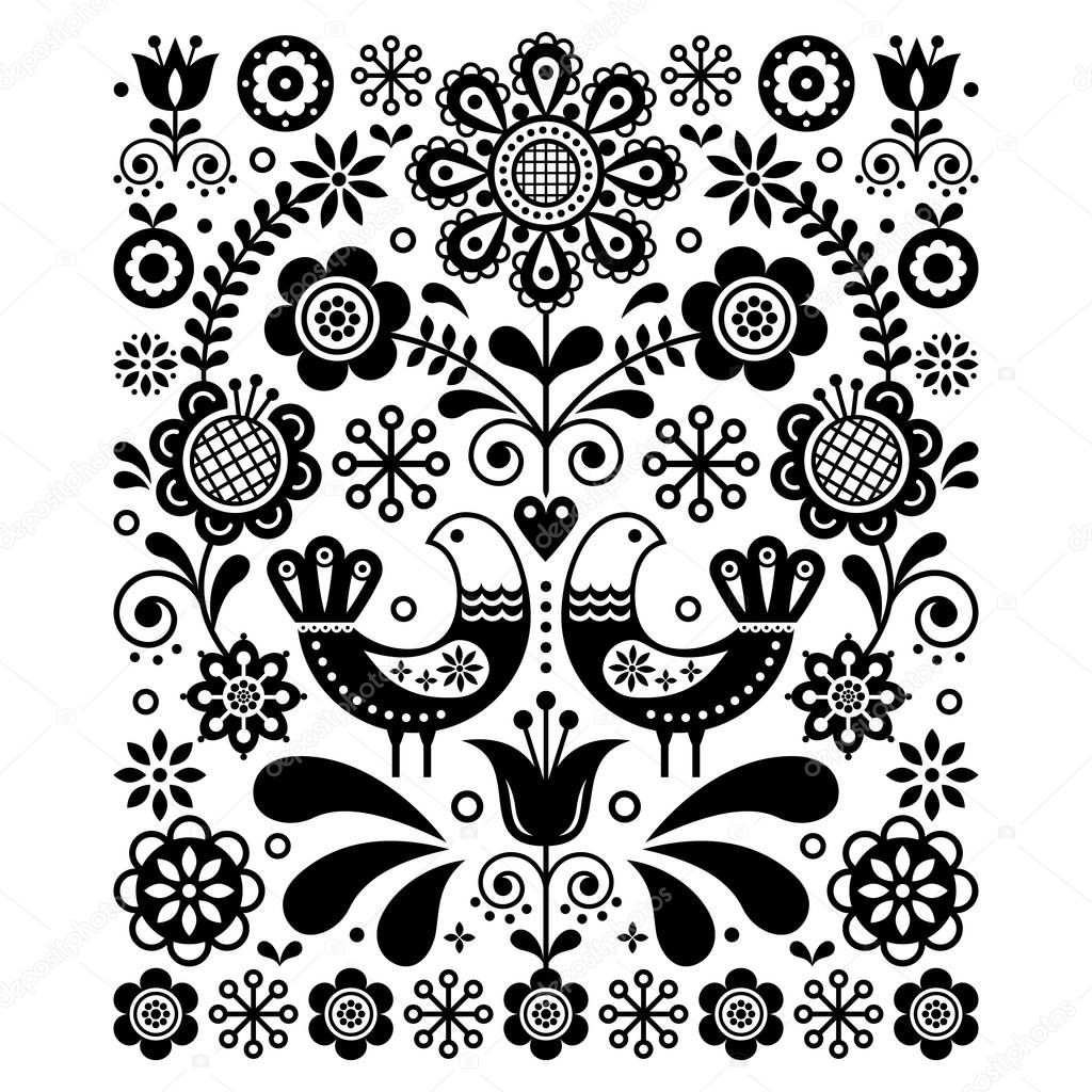 Scandinavian cute folk art vector decoration with birds and flowers, Scandinavian navy black and white floral pattern. Retro, traditional monochrome floral ornament inspired by Swedish and Norwegian traditional embroidery 