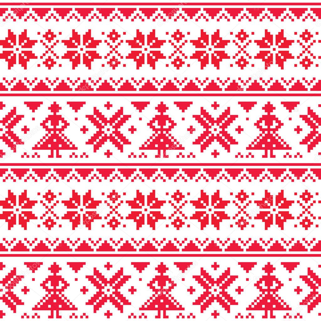 Christmas or winter vector seamless pattern, inspired by Sami Lapland folk art, traditional needlework and embroidery design. Traditional cross stitch patterns from Norway, Sweden, Finland, and the Murmansk Oblast of Russia in red