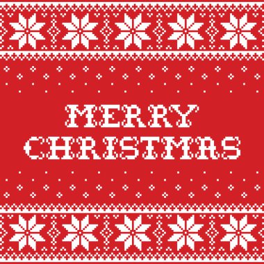 Neşeli Noel geleneksel sorunsuz vektör desen veya tebrik kartı - İskandinav knnitting, Kanaviçe işi tarzı. Nordic retro Xmas yinelenen arka plan kırmızı ve beyaz kar taneleri ve metin, Festival pixelated süsleme