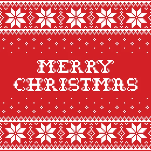 伝統的なシームレス パターンやグリーティング カード Knnitting クロスステッチのメリーのクリスマスのスタイルです 赤と白の雪と本文 ピクセル化されたお祭り飾りで北欧レトロ クリスマス反復的な背景 — ストックベクタ