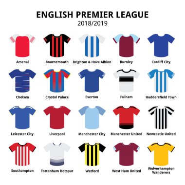 İngiltere Premier Ligi 2018-2019, futbol kitleri veya İngiltere'de 18/19 kitleri futbol formaları Icons set. Vektör simgeler kümesi spor gömlek - İngiltere'de Futbol Ligi beyaz izole. 