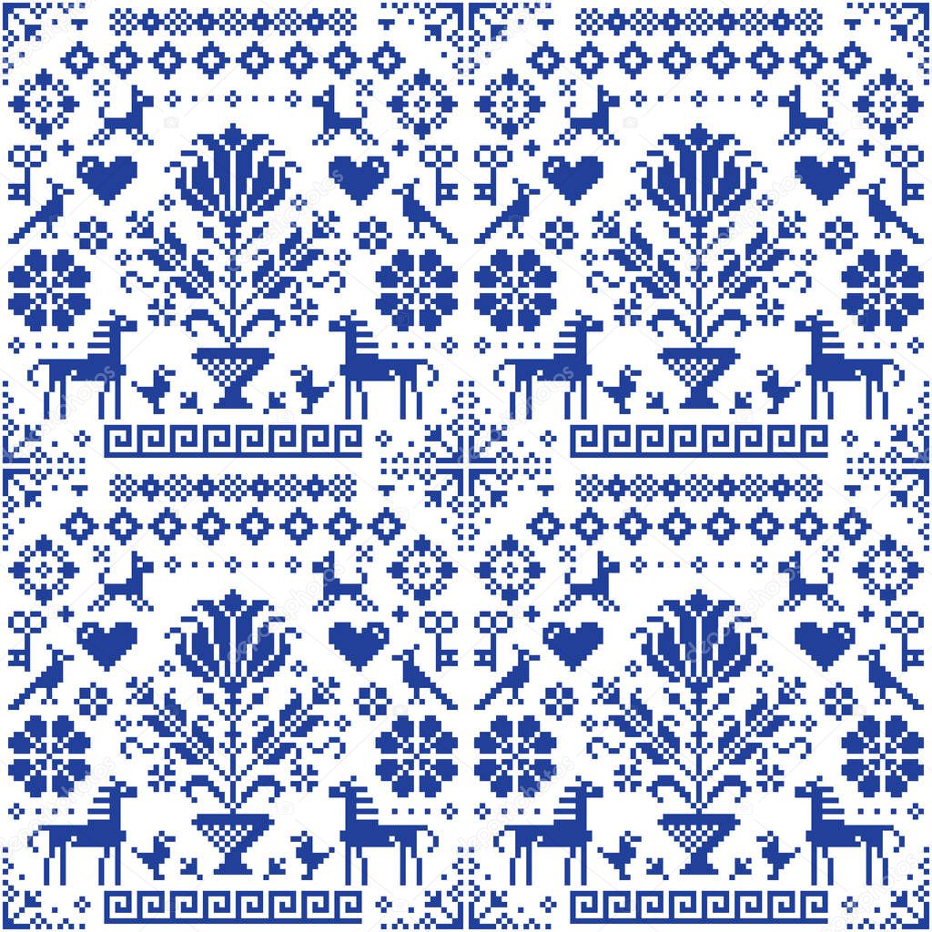 Retro traditional cross-stitch vector seamless pattern - repetitive background inspired German old style embroidery with flowers and animals. Navy blue symmetric floral decoration with birds, horses and dogs, old textile ornament