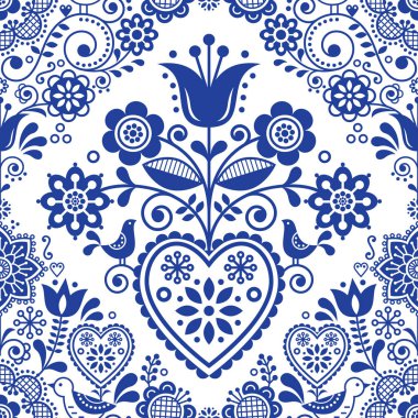 Sorunsuz Halk sanat vektör desen kuşlar ve çiçekler, İskandinav veya Nordic Lacivert tekrarlayan çiçek tasarım. Retro tarzı Lacivert süsleme, SCANDI sonsuz arka plan Tekstil tasarımı, duvar kağıdı için mükemmel