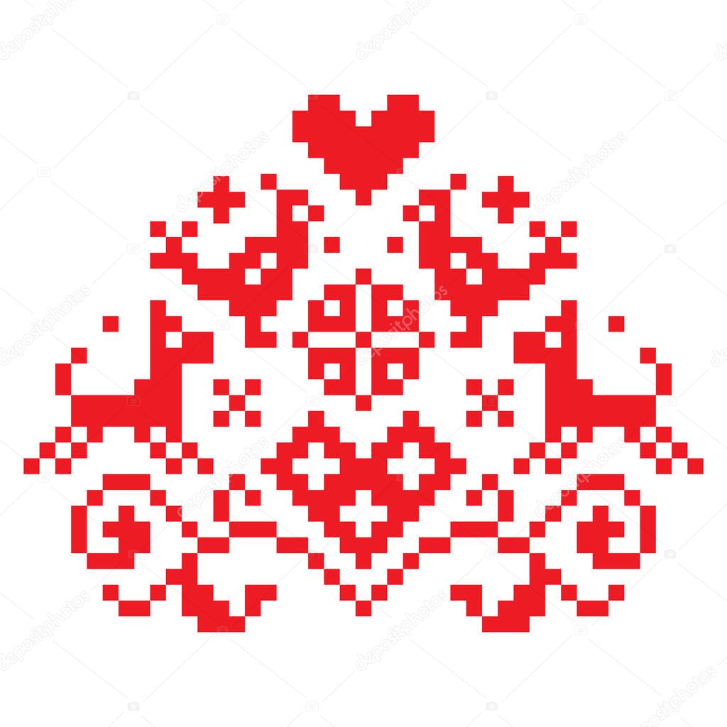 Cross stitch vector seamless folk art single pattern with flowers and animals - retro background inspired German old style retro embroidery. Red symmetric floral decoration with birds, dogs, traditional old textile ornament