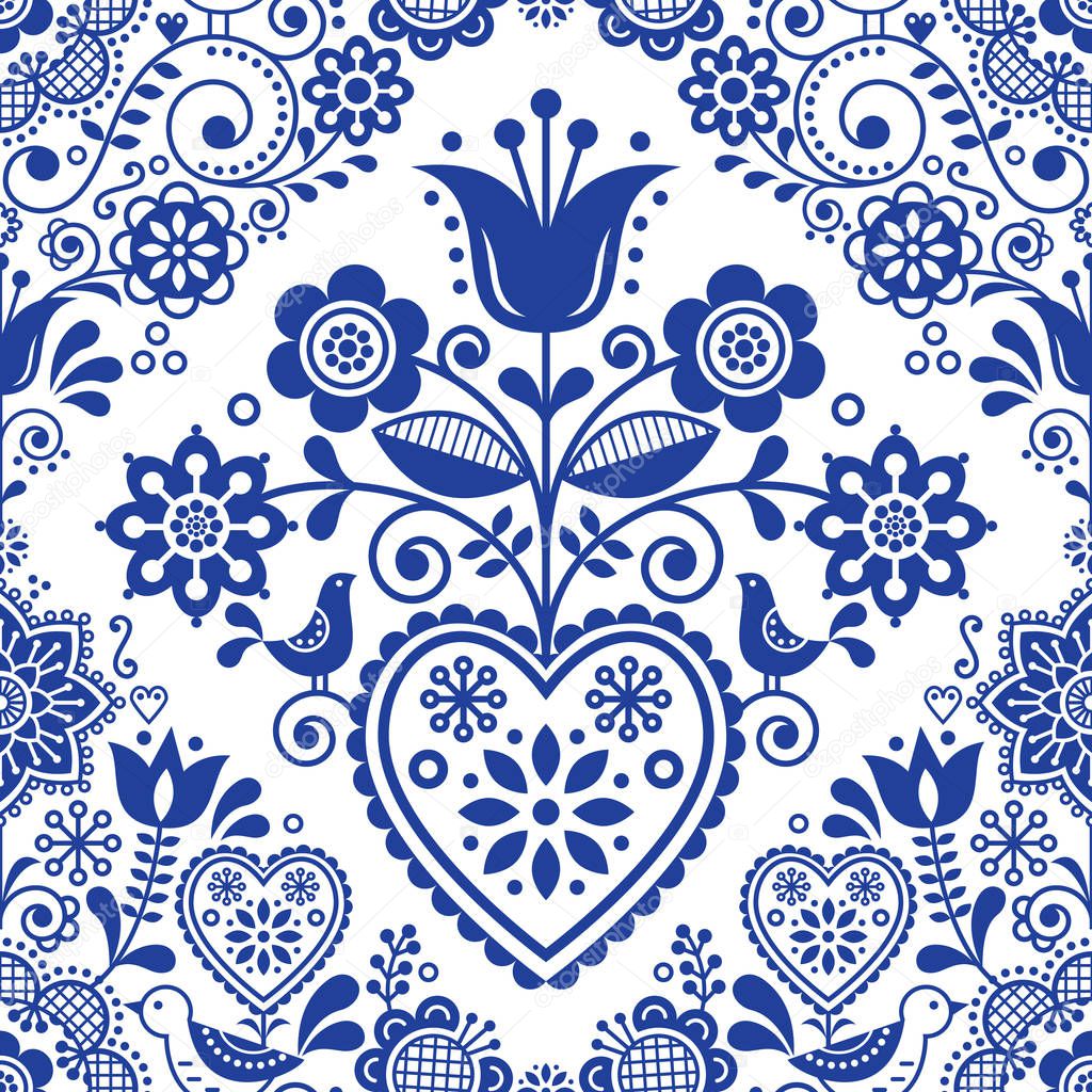 Seamless folk art vector pattern with birds and flowers, Scandinavian or Nordic navy blue repetitive floral design. Retro style navy blue ornament, Scandi endless background perfect for textile design, wallpaper