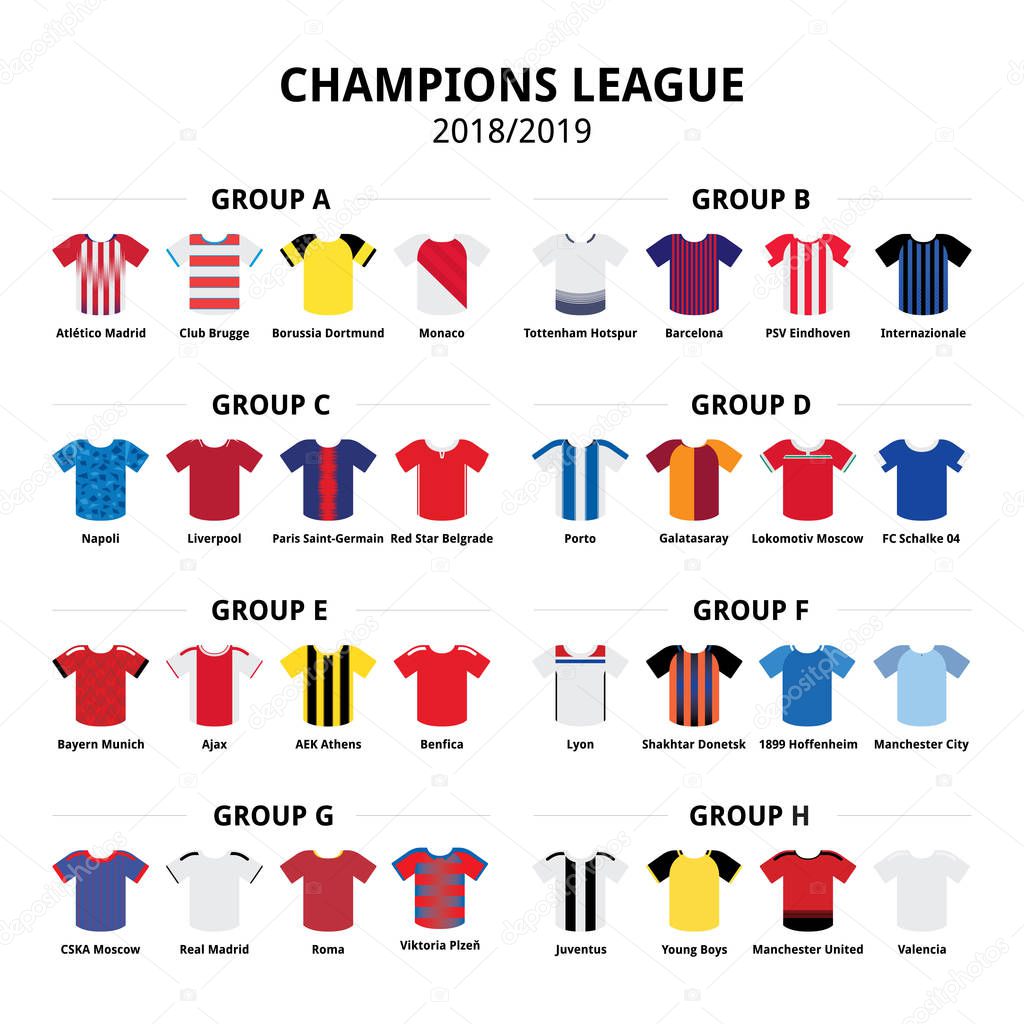 Champions League football jerseys kit 2018 - 2019, soccer teams kit vector icons group stage A - H. Football or soccer jerseys set poster design isolated on white, sport teams 