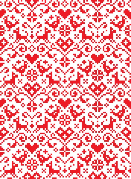 レトロなクロス ステッチ ベクトル シームレスな民俗芸術とパターンの花し バック グラウンドに影響を与えたドイツの古いスタイルのレトロな刺繍 伝統的な古い繊維飾りと赤いピクセル対称花飾り — ストックベクタ