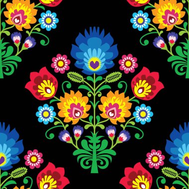 Sorunsuz Halk sanat vektör desen - Lehçe geleneksel tekrarlayan tasarımı ile çiçek - wycinanki lowickie. Retro çiçek arka plan, Slav renkli Tekstil veya duvar kağıdı tasarımı siyah, retro dekorasyon--dan Polonez ya