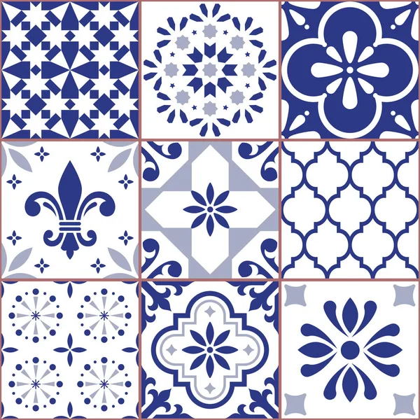 Portuguese Vector Tile Seamless Pattern Azluejo Tiles Mosaic Navy Blue — Stock Vector