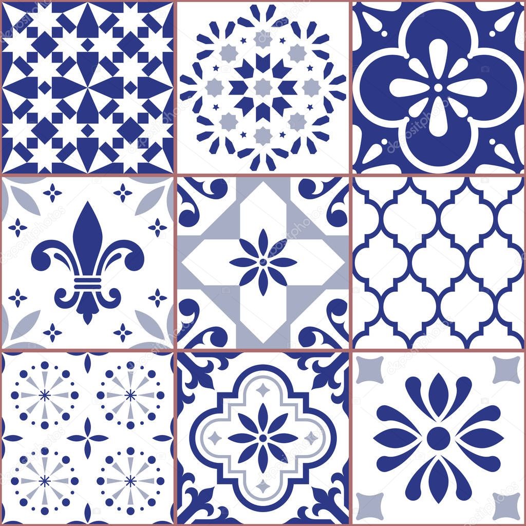 Portuguese vector tile seamless pattern, Azluejo tiles mosaic in navy blue, abstract and floral designs. Ornamental textile background inspired traditional tiles from Spain and Portugal
