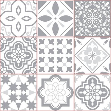 Portekizce vektör kiremit seamless modeli, Azluejo mozaik Lacivert, soyut ve çiçek tasarımları döşer. Süs tekstil arka plan İspanya ve Portekiz geleneksel çini ilham