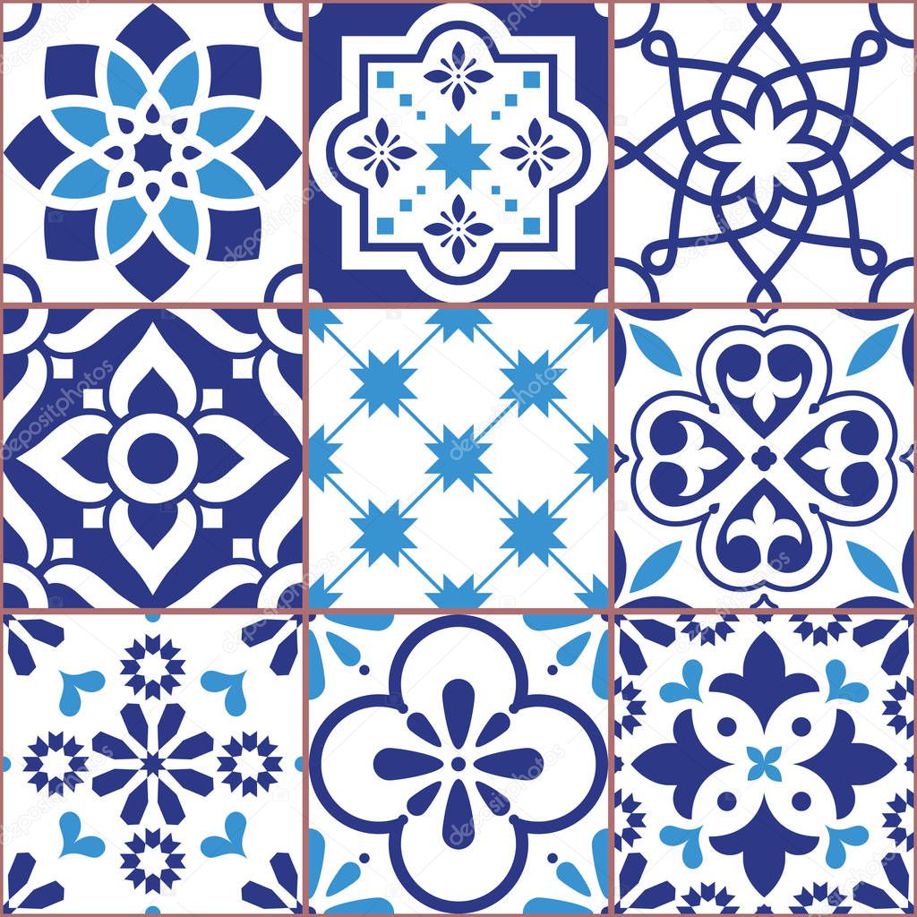 Portuguese vector tile seamless pattern, Azluejo tiles mosaic in navy blue, abstract and floral designs. Ornamental textile background inspired traditional tiles from Spain and Portugal