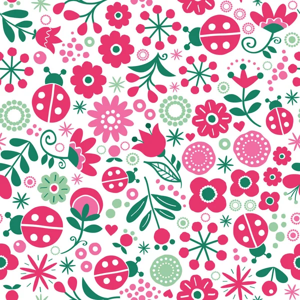 Nahtloses Florales Retro Vektormuster Handgezeichnetes Textildesign Skandinavischen Stil Mit Roten — Stockvektor