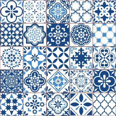 Lizbon geometrik Azulejo döşeme vektör deseni, Portekizce veya İspanyol retro eski mozaik, Akdeniz sorunsuz Lacivert tasarım döşer. Süs Indigo Tekstil arka plan İspanyolca ve Portekizce geleneksel fayans çiçekli esinlenerek 