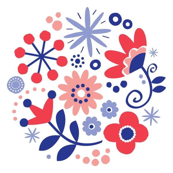 Konstrukcja Kwiatów Życzeniami Wektor Sztuki Ludowej Okrągły Wzór Kwiaty Scandinavian — Wektor stockowy