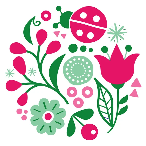 Desenho Vetor Arte Folclórica Floral Padrão Verde Rosa Feliz Com — Vetor de Stock