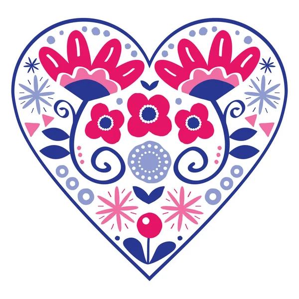 Bloemsierkunst Folk Hart Vector Design Gelukkig Marine Blauwe Roze Patroon — Stockvector