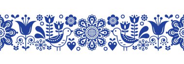 İskandinav sorunsuz vektör desen çiçekler ve kuşlar, Nordic folk art tekrarlayan lacivert süsleme 