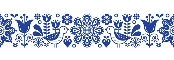 Patrón Vectorial Inconsútil Escandinavo Con Flores Pájaros Ornamento Azul Marino — Archivo Imágenes Vectoriales